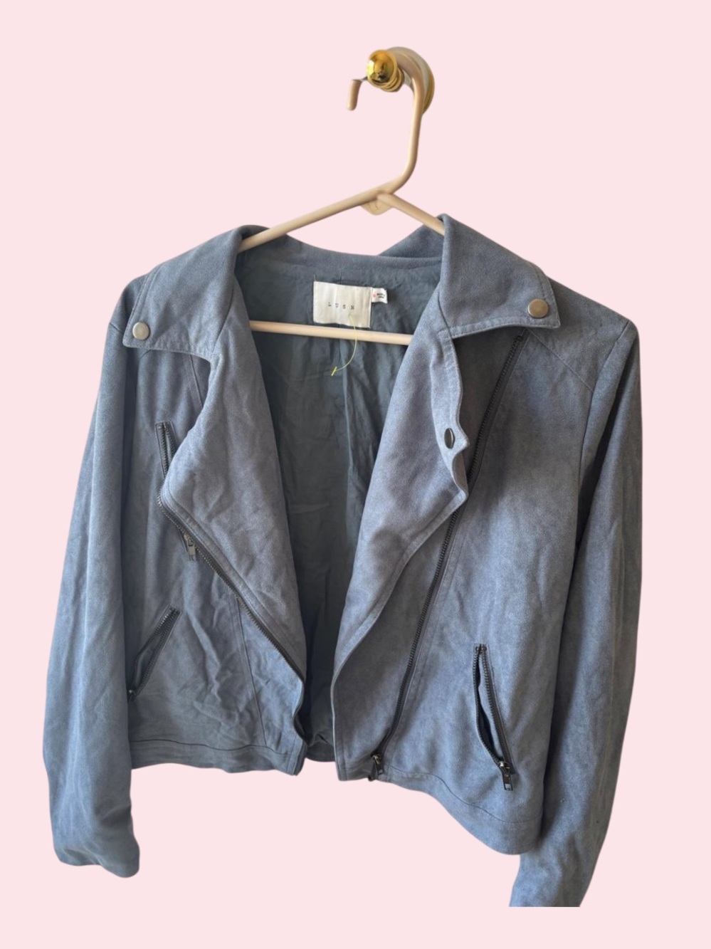 Lush Dusty Blue Suede-Feel Moto Jacket